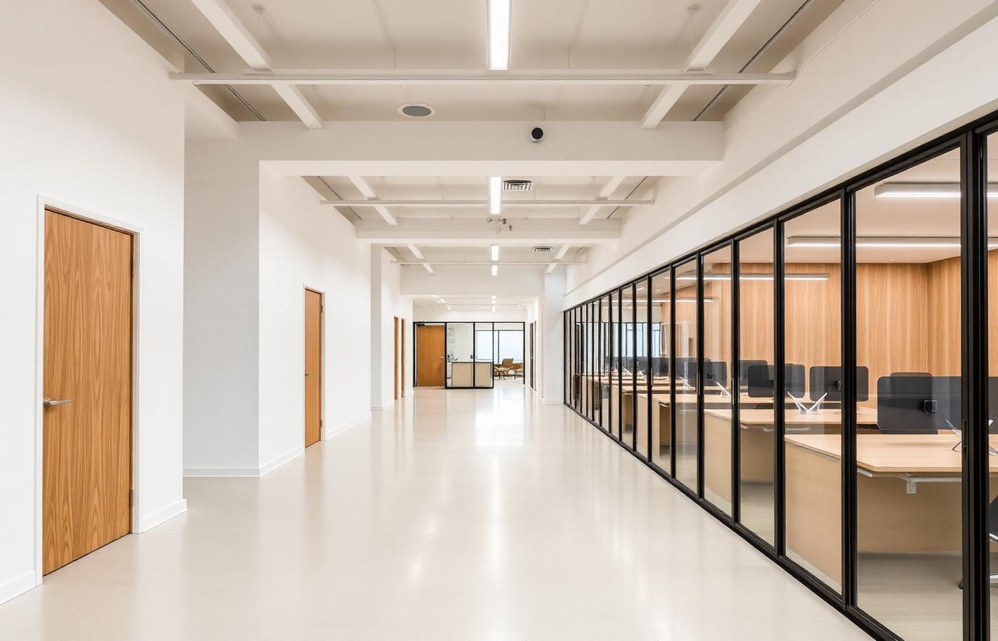 Renovated open-plan office corridor with oak doors and glazed offices