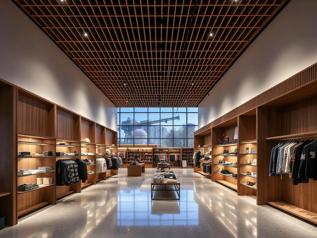 Retail interior with warm wood slat ceiling and terrazzo flooring