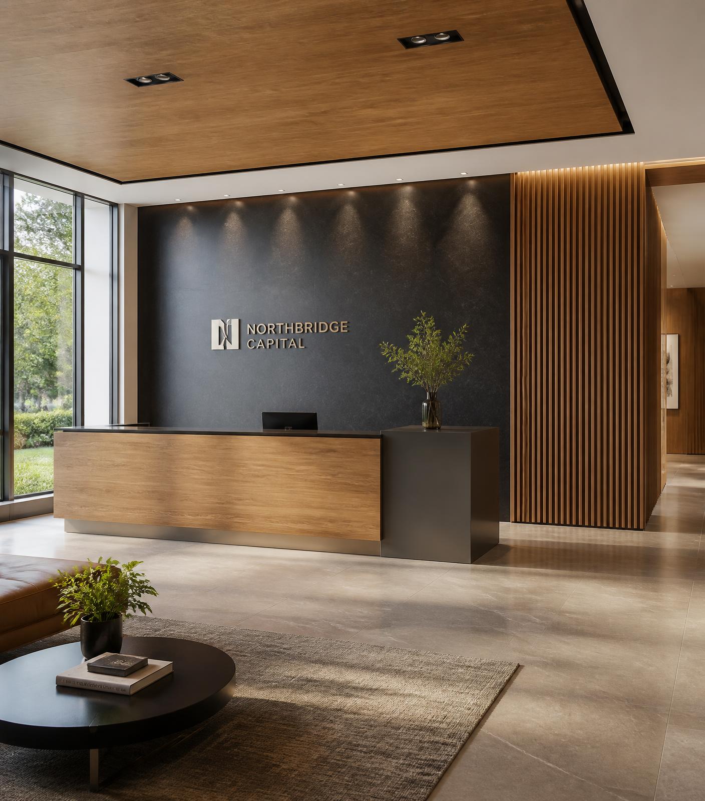 Corporate reception lobby with oak millwork and charcoal stone feature wall