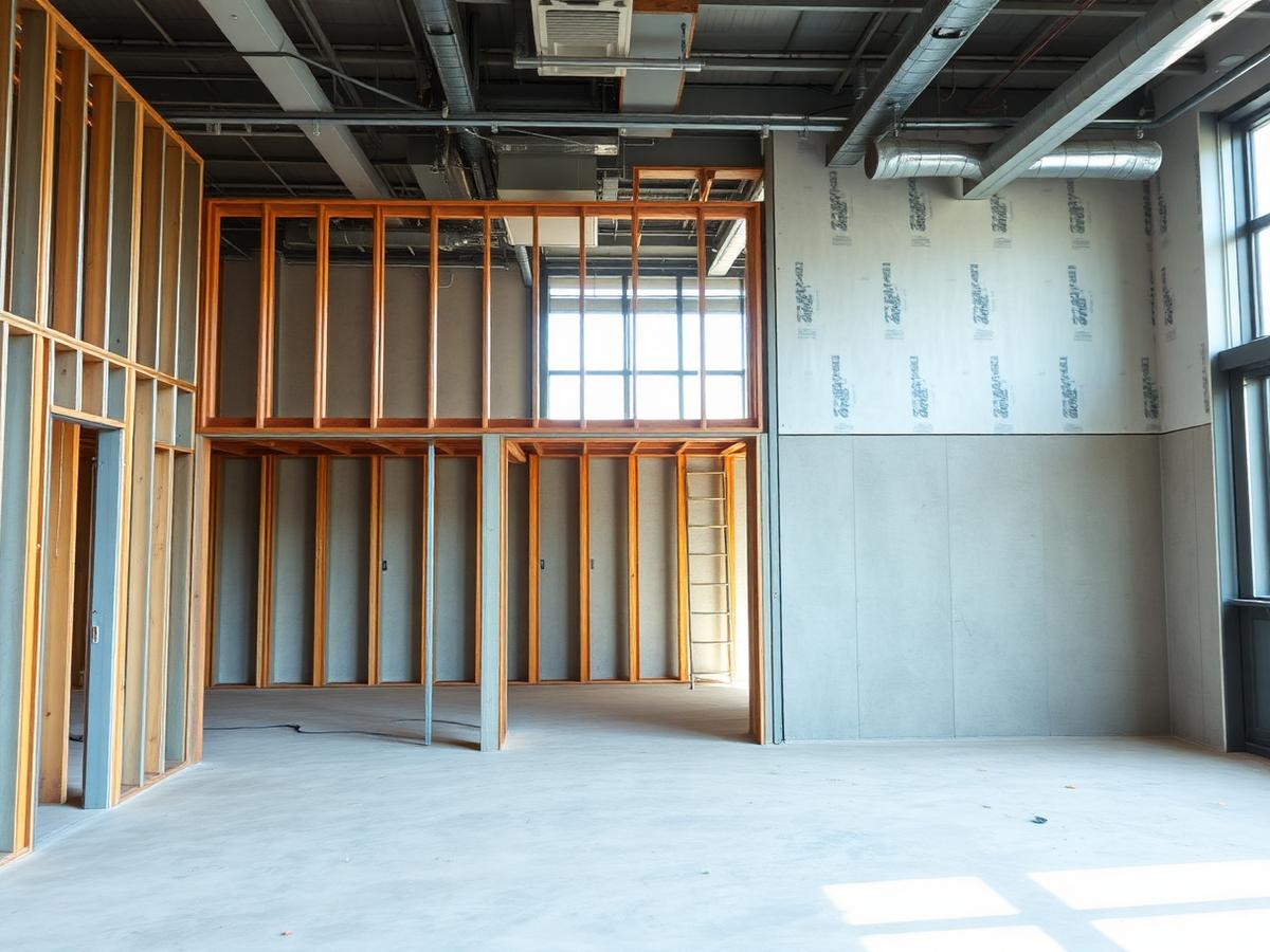 Interior construction site with framed partitions during a commercial build-out
